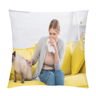 Personality  Young Woman Suffering From Allergy Near Siamese Cat On Couch In Living Room  Pillow Covers