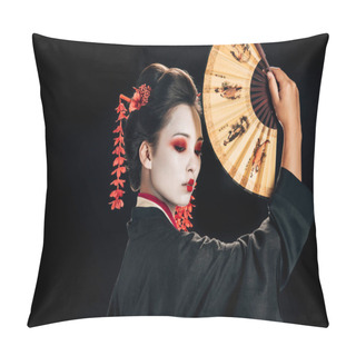 Personality  Side View Of Geisha In Black Kimono With Red Flowers In Hair Holding Traditional Asian Hand Fan Isolated On Black Pillow Covers