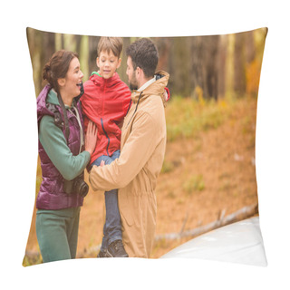 Personality  Happy Family Near Car In Forest Pillow Covers