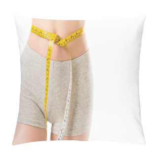 Personality  Cropped Shot Of Slim Woman With Measuring Tape Tied Around Her Waist Isolated On White Pillow Covers
