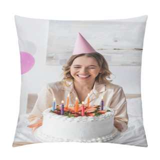 Personality  Positive Woman In Party Cap Holding Birthday Cake With Candles In Bedroom  Pillow Covers