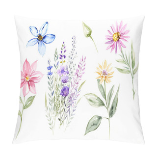 Personality  Collection Watercolor Hand Painted Wildflowers And Meadow Flowers On White Background. Spring And Summer Blooming Plants Clip Art. Vector Illustration Pillow Covers