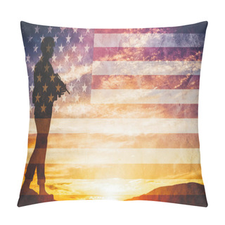Personality  Armed Soldier With Rifle Standing And Looking On Horizon. USA Flag. Silhouette At Sunset. War, Army, Military, Guard. Pillow Covers