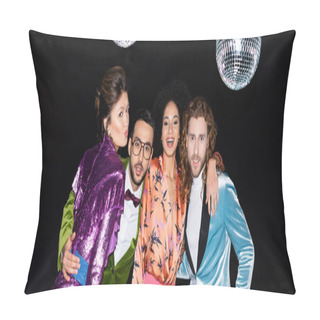 Personality  Happy Interracial Friends Posing In Night Club On Black Background, Banner Pillow Covers