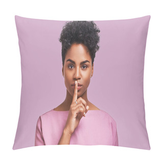 Personality  Terrific Dark Skinned Girl Keeps Fore Finger On Lips, Has Mysterious Expression, Shows Silence Gesture, Wears Casual Striped Top, Headband, Isolated Over Lavender Background. Dont Make Noise, Please Pillow Covers