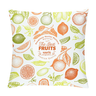 Personality  Citrus Fruits Seamless Pattern. Hand Drawn Vector Fruit Illustration. Engraved Style. Vintage Citrus Background. Pillow Covers