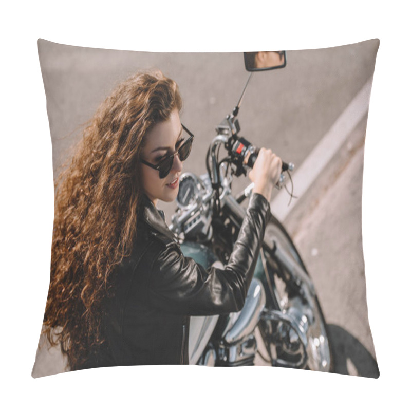 Personality  beautiful girl sitting on classical motorbike on parking pillow covers