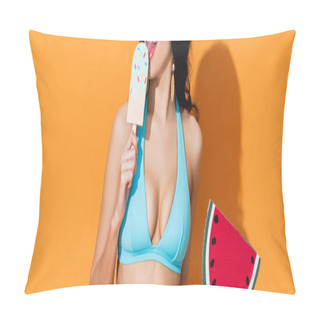 Personality  Panoramic Orientation Of Girl In Swimsuit Licking Paper Ice Cream And Holding Watermelon On Orange  Pillow Covers