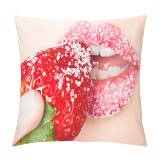 Personality  Woman's Mouth With Red Strawberry Covered With Sugar Pillow Covers