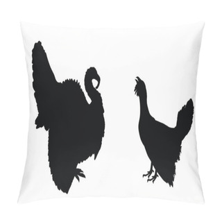 Personality  Male Turkey Against Wood Grouse Vector Silhouette Illustration Isolated. Forest Meadow Wildlife Birds. Turkey Male Shape, Gobbler. Grouse Shadow. Bird Watching. Plumage In Zoo Park. Heather Cock. Pillow Covers