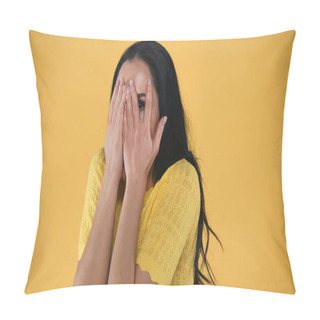 Personality  Scared Woman Covering Face With Hands Isolated On Yellow Pillow Covers