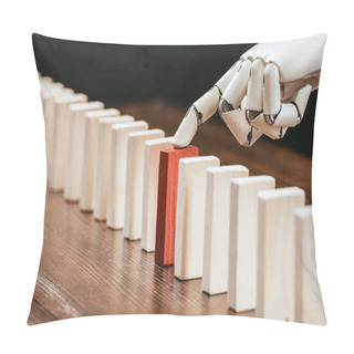 Personality  Selective Focus Of Robotic Hand Picking Red Wooden Brick From Row Of Blocks On Desk Pillow Covers
