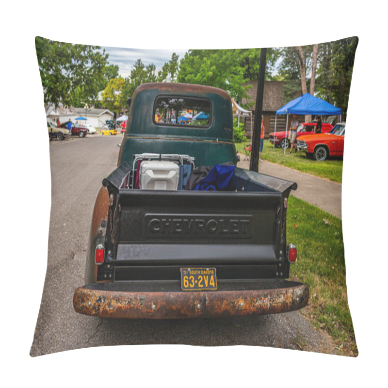 Personality  Des Moines, IA - July 01, 2022: High perspective rear view of an old 1951 Chevrolet Advance Design 3100 Pickup Truck at a local car show. pillow covers