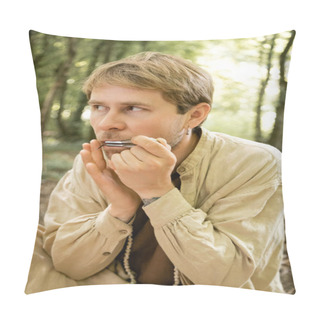Personality  Man Performing Jews Harp In Summer Forest  Pillow Covers