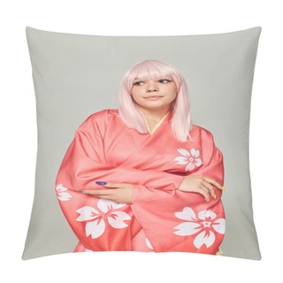 Personality  Blonde Woman With Colorful Manicure Posing In Pink Kimono With Floral Print On Grey, Anime Style Pillow Covers