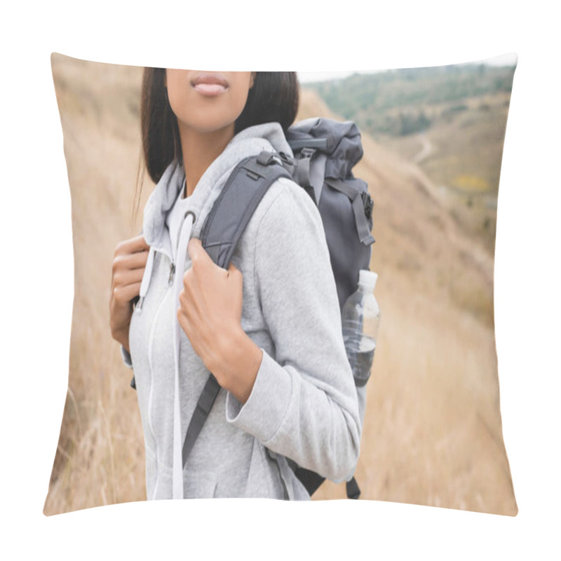 Personality  Cropped View Of African American Woman With Backpack Standing On Hill With Blurred Landscape At Background  Pillow Covers