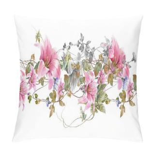 Personality  Watercolor Painting Of Leaf And Flowers, Seamless Pattern On White Background Pillow Covers