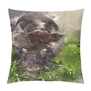 Personality  Digital Watercolour Painting Of Black Jaguar Panthera Onca Prowling Through Long Grass In Captivity Pillow Covers