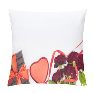Personality  Top View Of Chocolate Wrapped By Festive Ribbon, Red Roses And Heart Shaped Gift Box Isolated On White, St Valentine Day Concept Pillow Covers