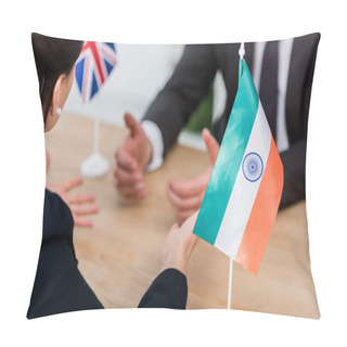 Personality  Selective Focus Of Diplomat Gesturing Near Flag Of India And Ambassador Of United Kingdom  Pillow Covers