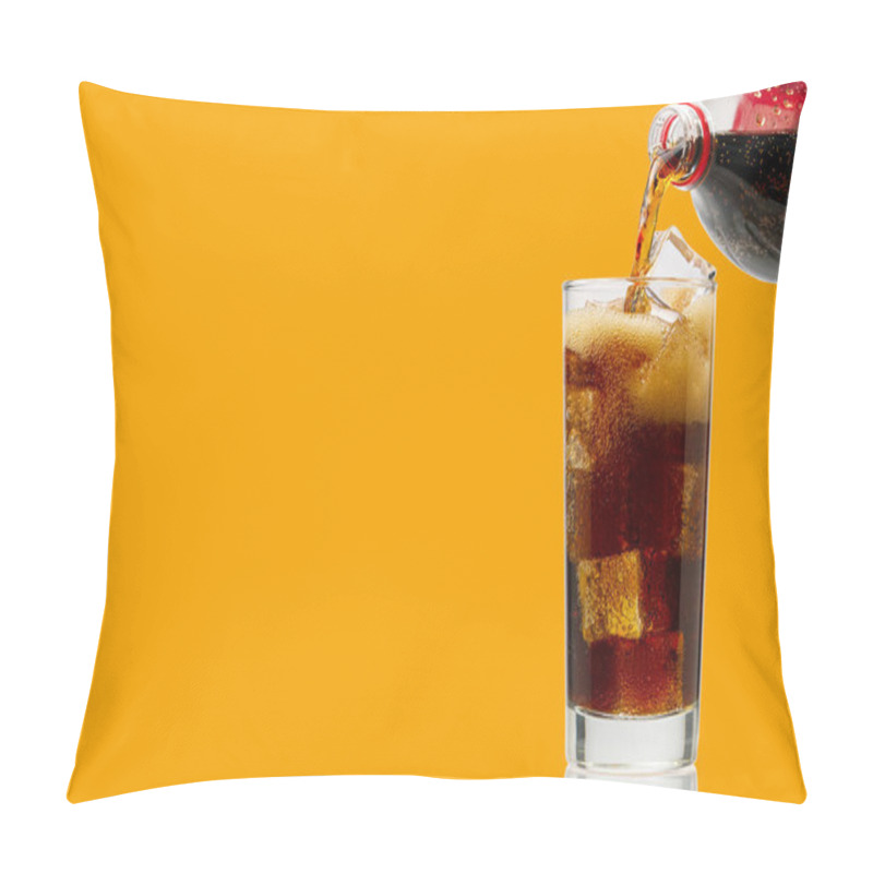 Personality  Pouring Cola To Glass With Ice Cubes Isolated On Orange, Copy Space Pillow Covers