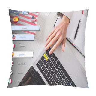 Personality  Partial View Interpreter Pressing Translation Key On Laptop, Illustration Of Translating Application Interface Pillow Covers