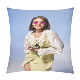 Personality  Brunette Woman In Elegant Dress Gracefully Holding A Vibrant Bouquet Of Flowers In A Studio Setting. Pillow Covers