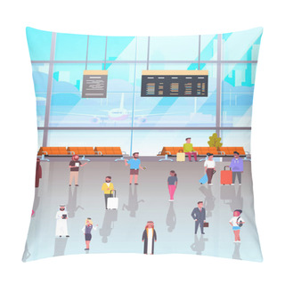 Personality  Airport Interior With Passangers Crowd Walking To Waiting Hall And Departure Lounge, Terminal People Holding Suitcases Pillow Covers