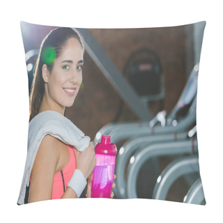 Personality  Sporty Woman Standing With Shaker And Towel In Hands Against Treadmills   Pillow Covers