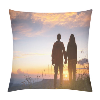 Personality  Silhouettes Of A Young Millennial Couple In Love With A Man And Girl Hold Each Others Hands. Watching The Sunset Pillow Covers