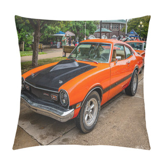 Personality  Des Moines, IA - July 01, 2022: High Perspective Front Corner View Of A 1974 Ford Maverick Grabber Coupe At A Local Car Show. Pillow Covers