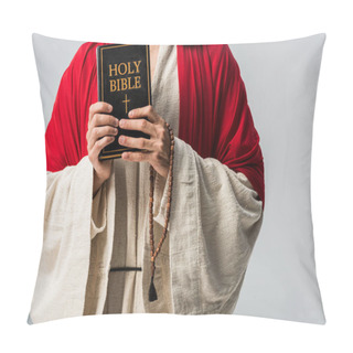 Personality  Cropped View Of Man Holding Holy Bible And Rosary Breads Isolated On Grey  Pillow Covers