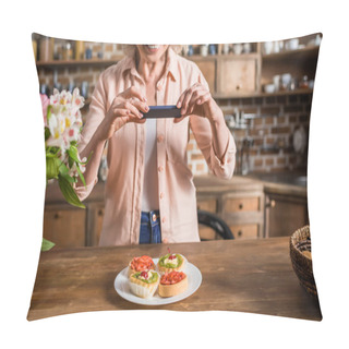 Personality  Woman Photographing Plate With Food At Kitchen Pillow Covers