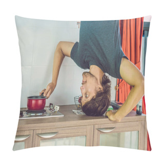 Personality  A Man Stands On His Hands Upside Down In The Kitchen. Pillow Covers