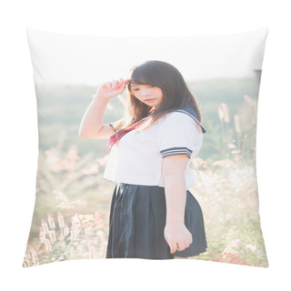 Personality  Portrait Of Asian Japanese School Girl Costume Looking At Park O Pillow Covers