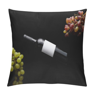 Personality  Top View Of Wine Bottle With Blank White Label Near Ripe Grape Isolated On Black Pillow Covers