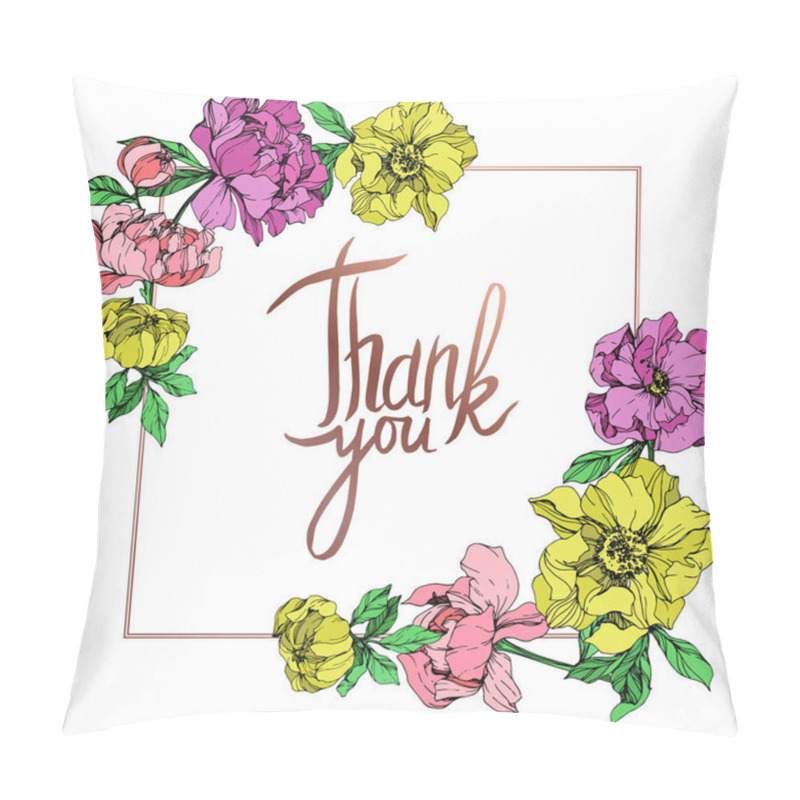 Personality  Vector isolated pink, purple and yellow peonies with green leaves on white background. Engraved ink art. Frame border ornament with thank you lettering. pillow covers