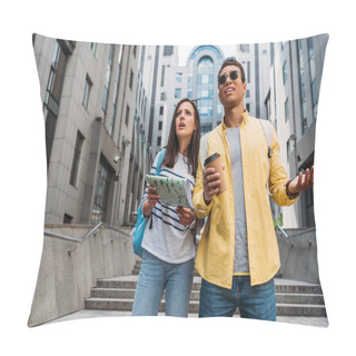 Personality  Bi-racial Man With Paper Cup And Woman Holding Map Near Stairs Pillow Covers
