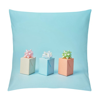 Personality  Different Gifts With Bows On Blue Background Pillow Covers