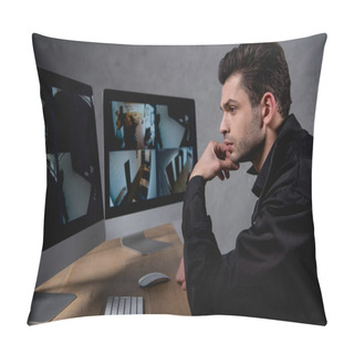 Personality  Handsome Guard In Uniform Looking At Computer Monitor Pillow Covers