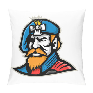 Personality  Mascot Icon Illustration Of Head Of A Jacobite Highlander Wearing A Beret  Viewed From   On Isolated Background In Retro Style. Pillow Covers