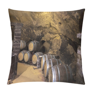 Personality  Medieval Underground Wine Cellars With Old Red Wine Barrels For Aging Of Vino Nobile Di Montepulciano In Old Town On Hill Montepulciano In Tuscany, Italy Pillow Covers