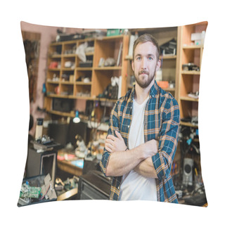 Personality  Young Professional Repairman Of Broken Gadgets Crossing Arms By Chest While Standing In Front Of Camera In His Workshop Pillow Covers