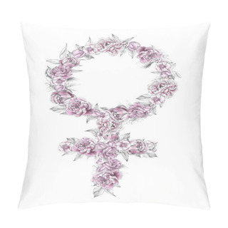 Personality  Symbol Of Feminist Movement. Venus Symbol. Girl Power. Feminist Symbol With Pink Peonies Flowers Decoration Pillow Covers