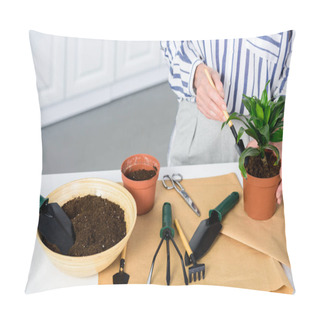 Personality  Cropped Shot Of Senior Woman Planting Green Houseplant At Home Pillow Covers