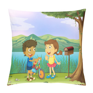 Personality  A Young Boy Holding A Bike And A Girl Near A Wooden Mailbox Pillow Covers