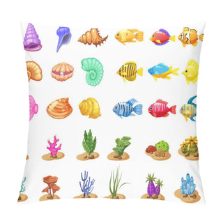 Personality  Cartoon Vector Game Icons With Seashell, Colorful Coral Reef Tropical Fish, Pearl, Colorful Corals And Algae, White Background, For Match Three Game, Apps On White Background. Isolated Elements. Pillow Covers