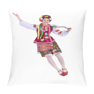 Personality  Beautiful Dancing Girl In Ukrainian Polish National Traditional Costume Clothes Happy Smile, Full Length Portrait Isolated Pillow Covers