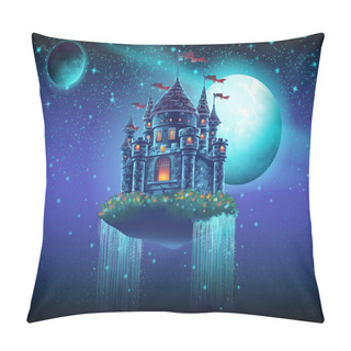 Personality  Illustration Of A Flying Castle Space With Waterfalls On The Background Of Stars And Planets Pillow Covers