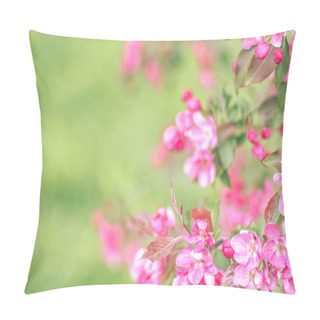 Personality  Branches With Pink Flowers On Blurred Green Background Pillow Covers